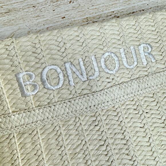 Neiman Marcus Embroidered Bonjour Straw Clutch NWOT - Picture 2 of 10